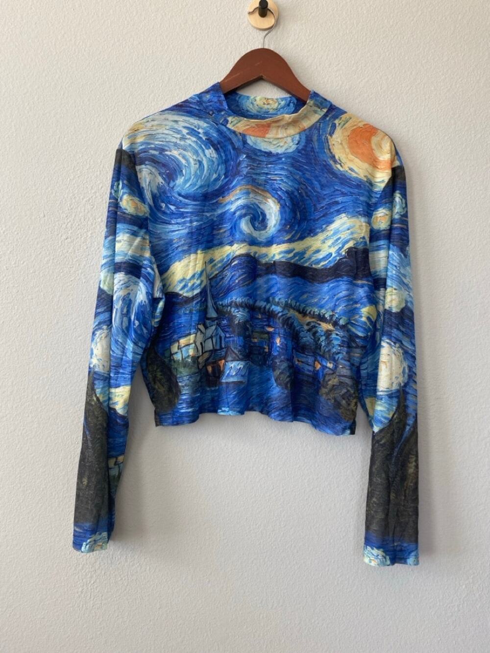 Shein Curve Starry Night Print Mesh Top Sheer Blue Artsy 2X (5X original tag)